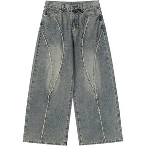 Mens Distressed Wide Leg Jeans Cotton Patchwork Fringe Casual Streetwear